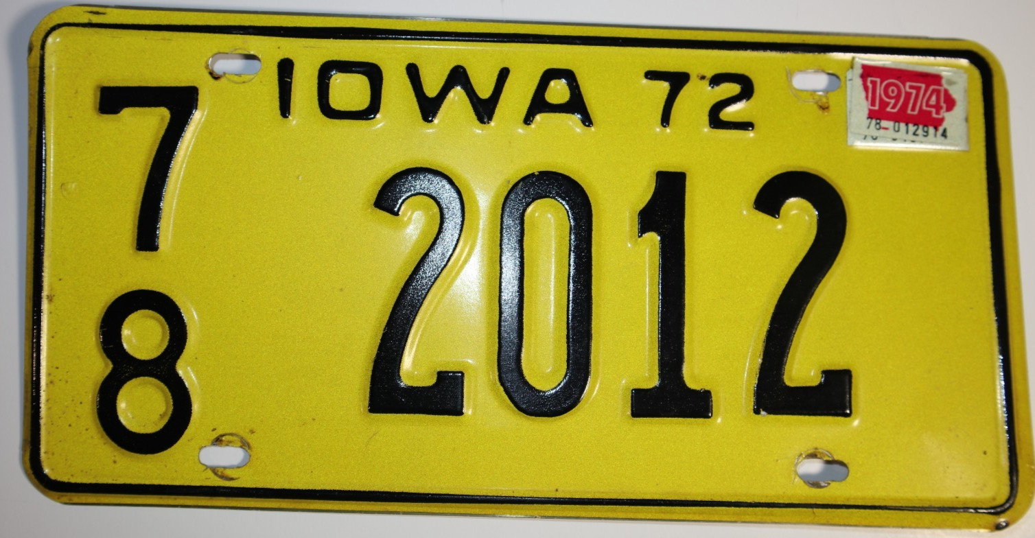 Vintage 1972 Iowa License Plate 78-2012 Yellow Black w/ 1974 Decal Sticker