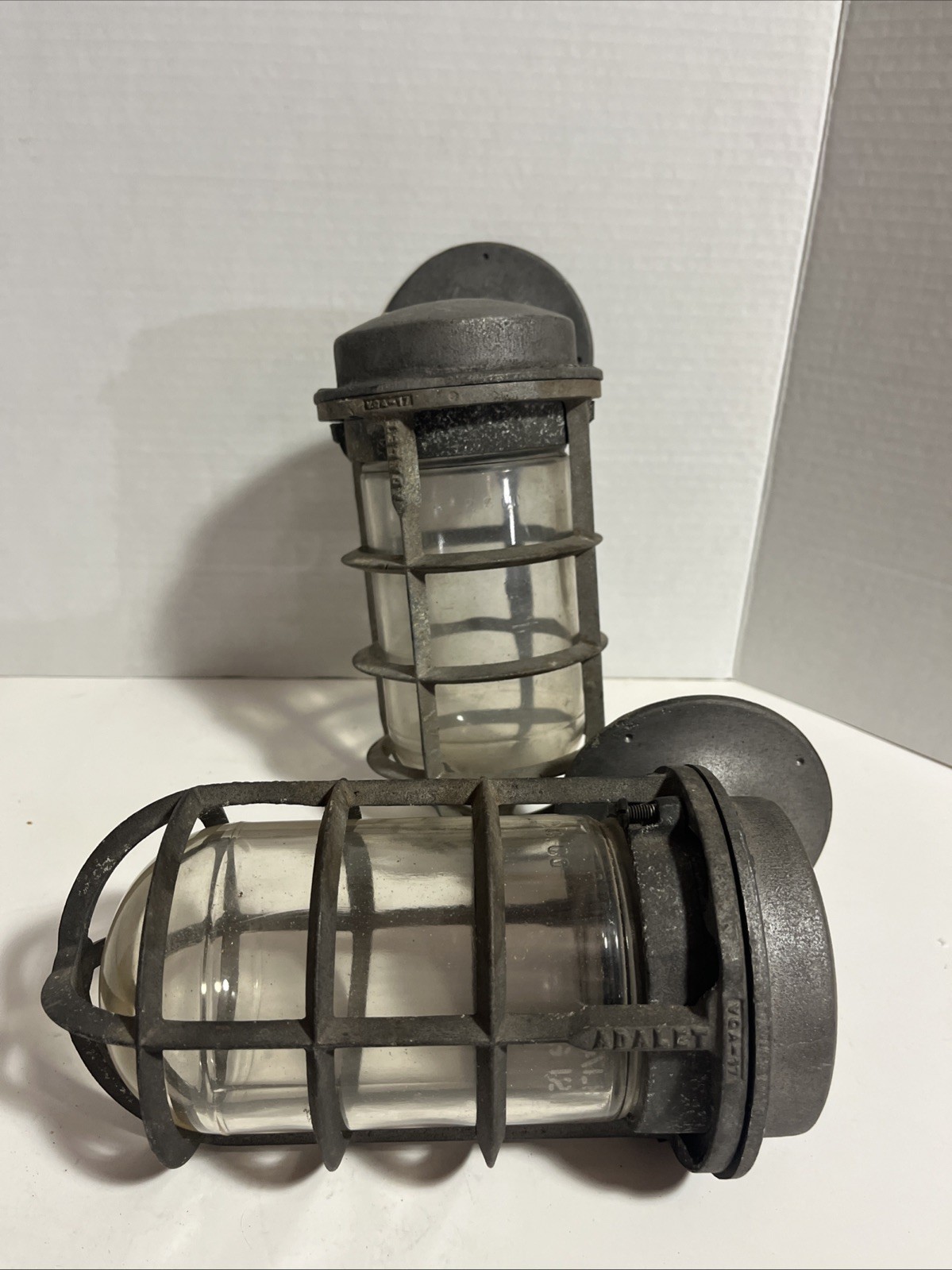 2 Vintage INDUSTRIAL Cage LIGHT Fixture Explosion Proof ADALET W/ Glass GLOBE