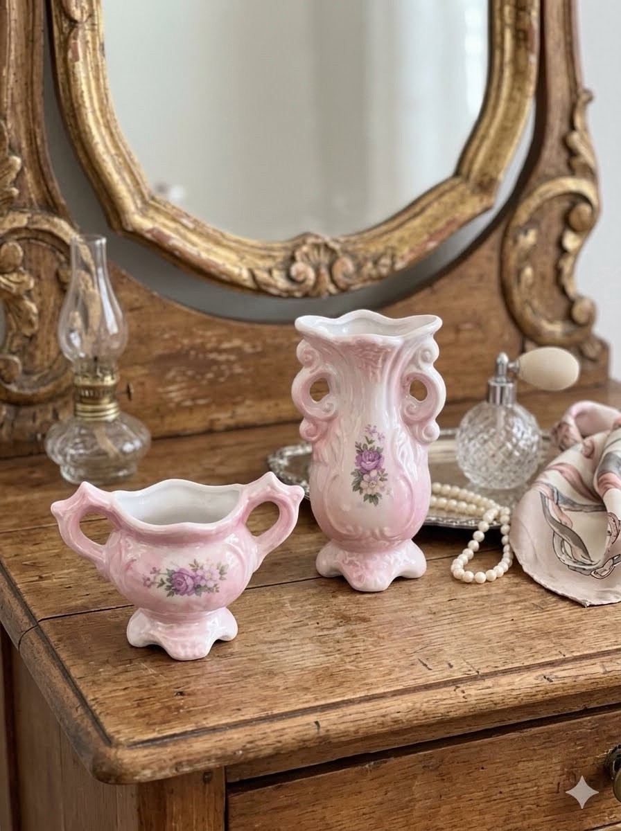 Vintage Pink Lusterware Bud Vase Set Iridescent Ceramic Floral Mini Vases Pair