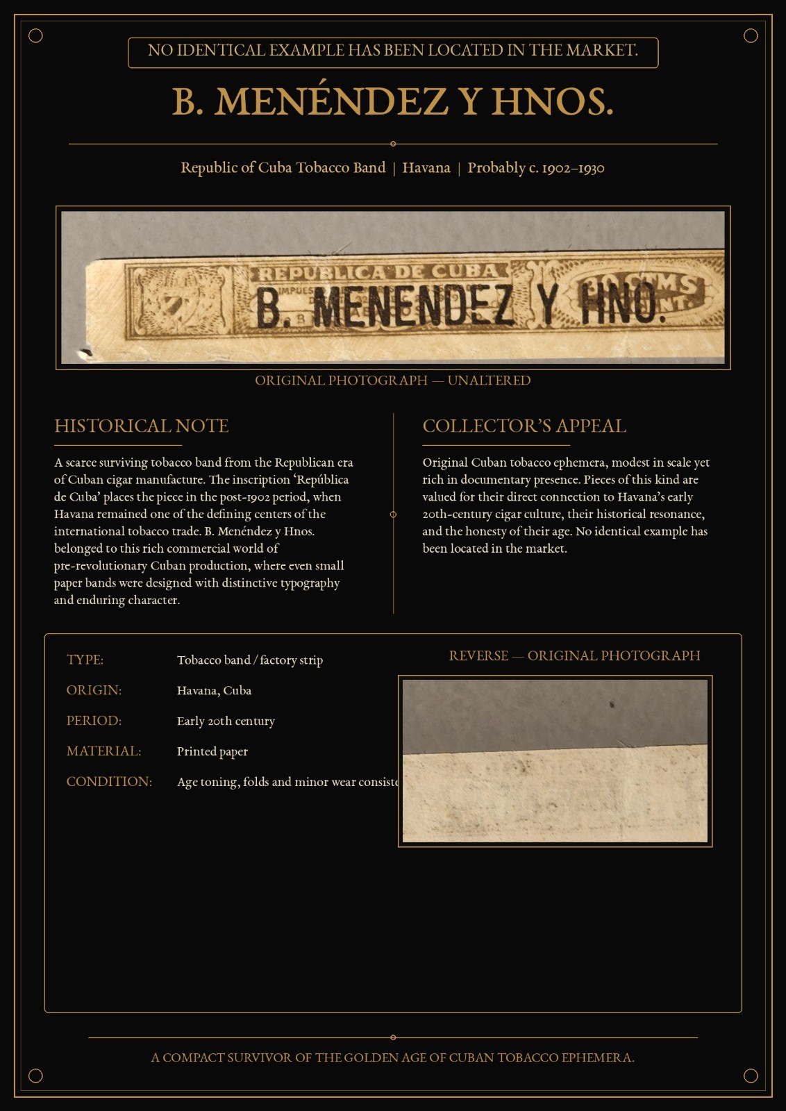 EXTREMELY RARE B. MENÉNDEZ Y HNOS. — EARLY 20TH-CENTURY TOBACCO BAND