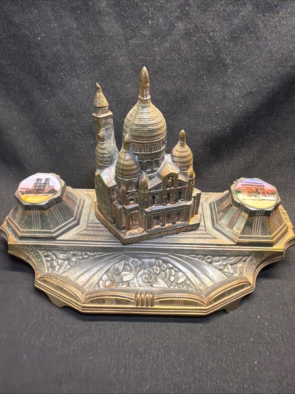 Antique French Art Deco Double Inkwell Tray PG 506 Paris Sacre Coeur Desk Stand