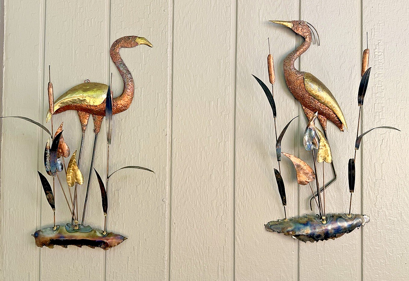 1960's Brass Copper Crane Egret Birds Hollywood Regency Mid Century Wall Art