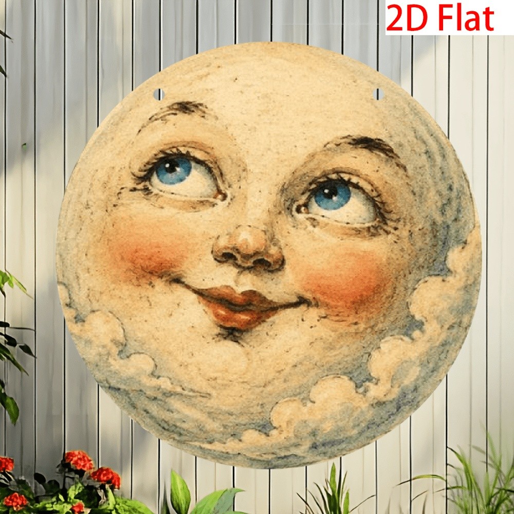 Vintage Cloud Moon Face Round Plaque Tin Metal Signs Home Décor 8x8