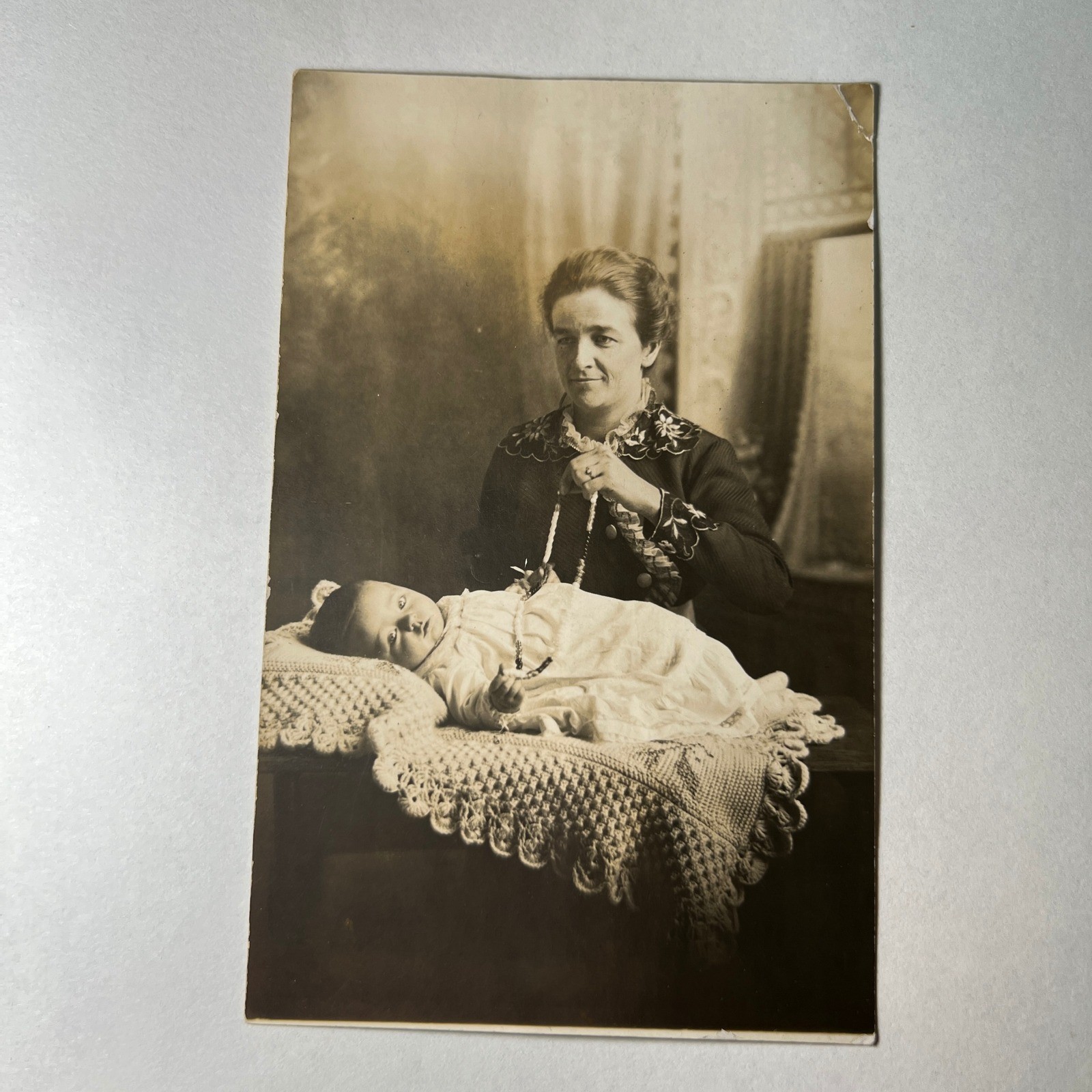 VTG 1908 Antique RPPC Real Photo Postcard Mother Baby Catholic Rosary Beads USA