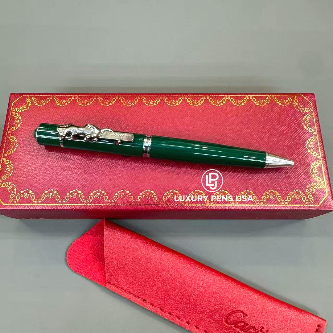 CARTIER Panthère Large Green Silver Tone Ballpoint Pen Luxury Rare VIP