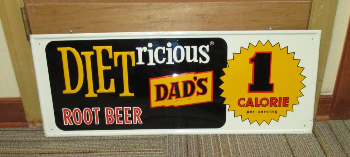 Vintage DIET DAD'S ROOT BEER Soda Sign Embossed NOS Day One Shine/Colors ~LQQK