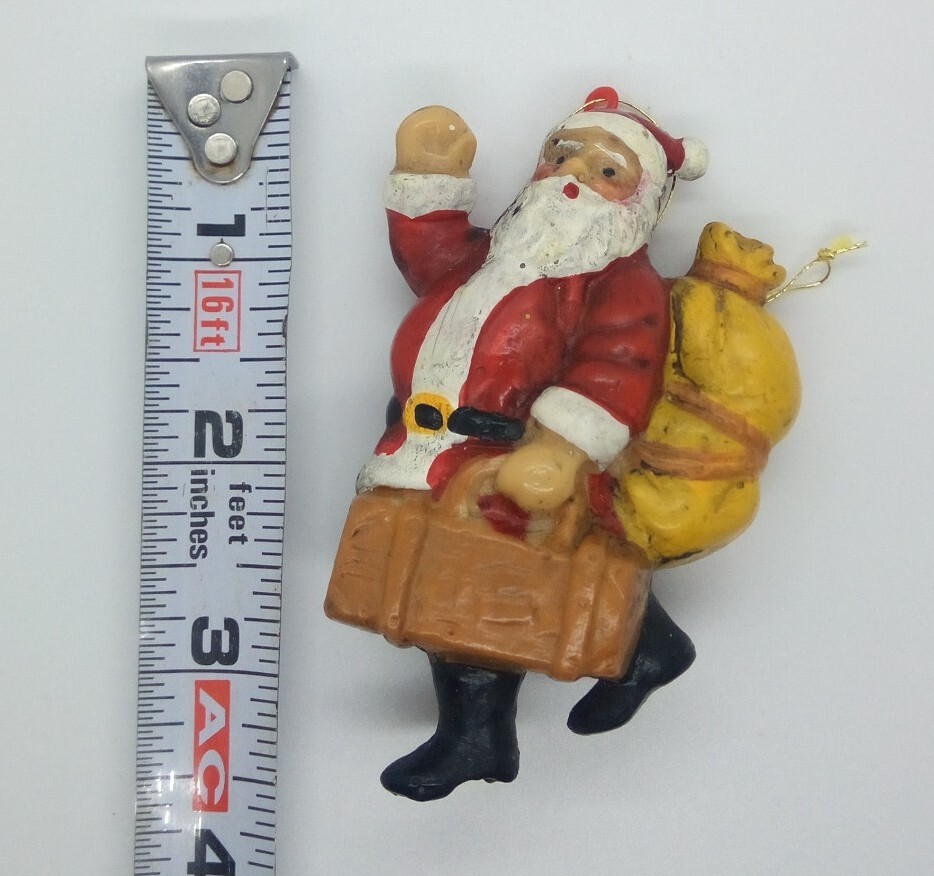 Vintage Jolly Santa with Suitcase Blow Mold Plastic Ornament Hong Kong 3.5\