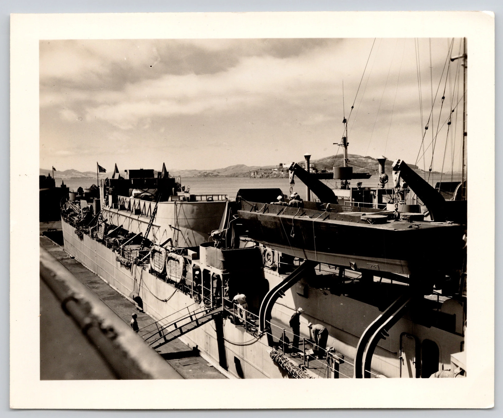 Landing Ship Carrying Landing Craft At Pier WWII US Coast Guard Photo
