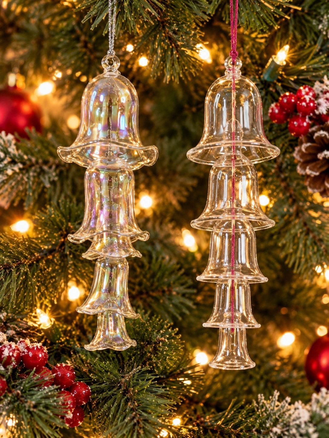 Vintage Iridescent Glass Bell Christmas Tree Ornaments Set Of 2 Original Boxes