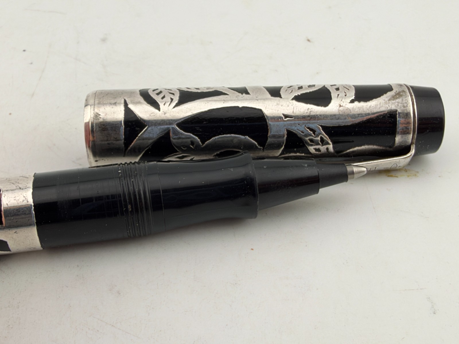 Very Rare Vintage Parker Big Red Rollerball Pen Sterling Silver Filigree Overlay