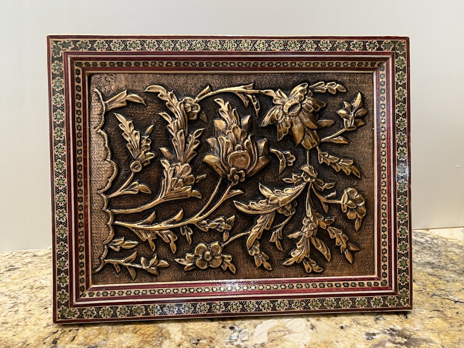 Vintage Persian Repousse Signed Khatam Marquetry Framed Copper Flora Lotus Art