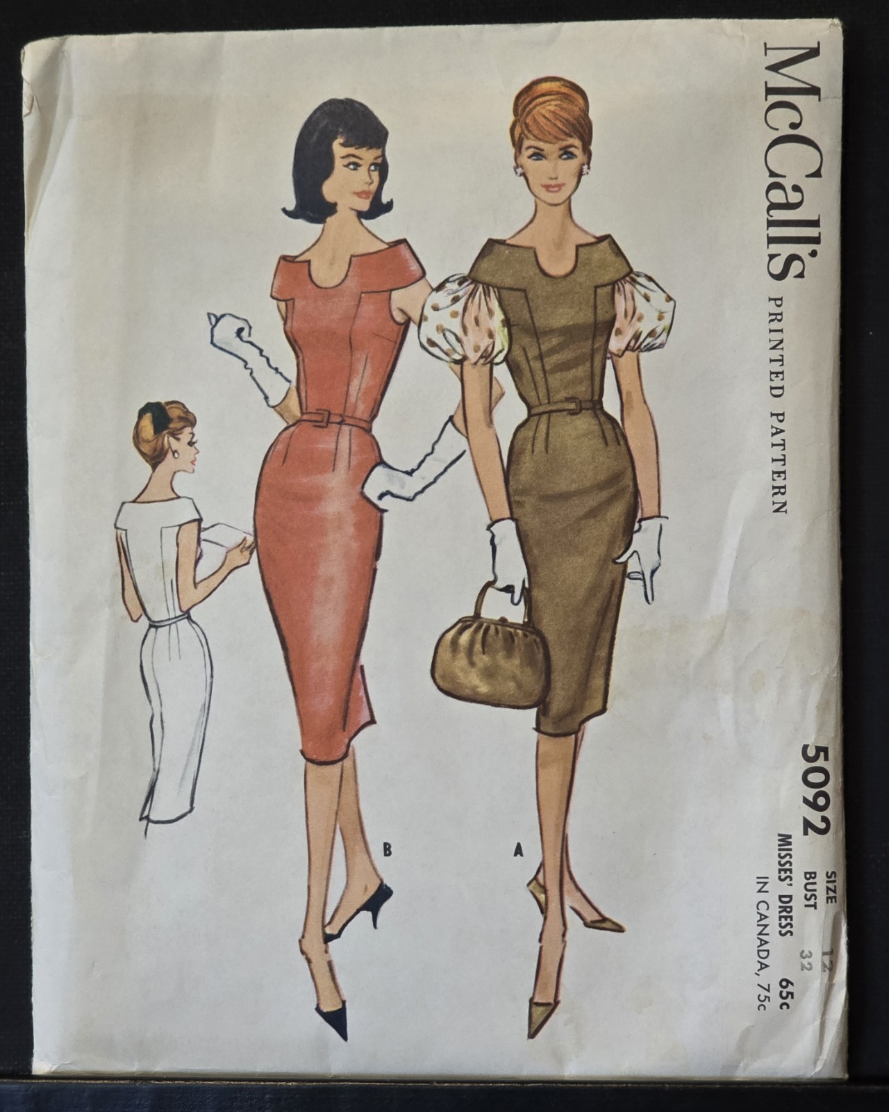 Vtg McCall\'s Pattern 5092, Sheath Dress, Puff Sleeve Option, Uncut, B32.