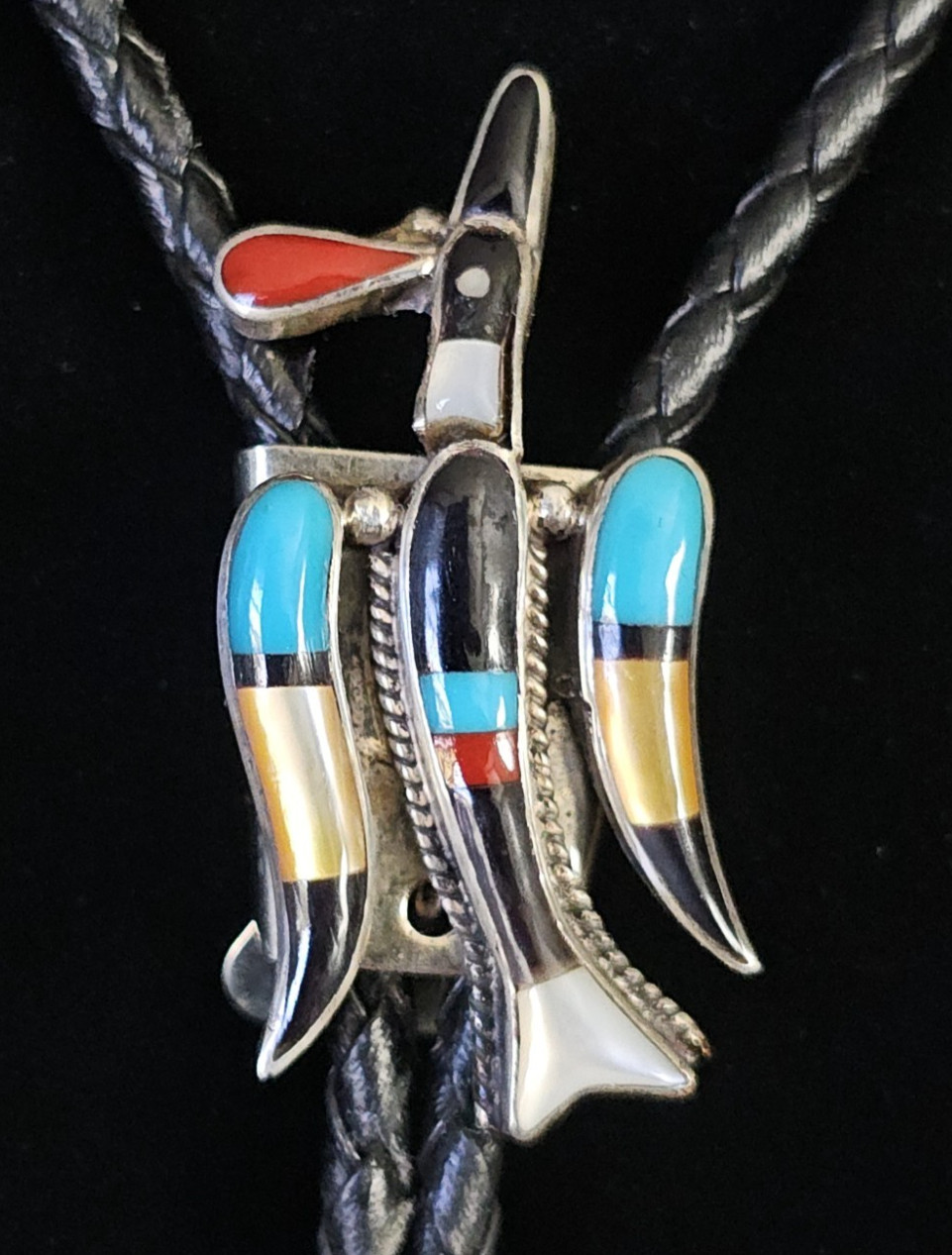Rare Zuni Water Bird Peyote Bolo Tie Flying Straight Up Sterling Turquoise Inlay