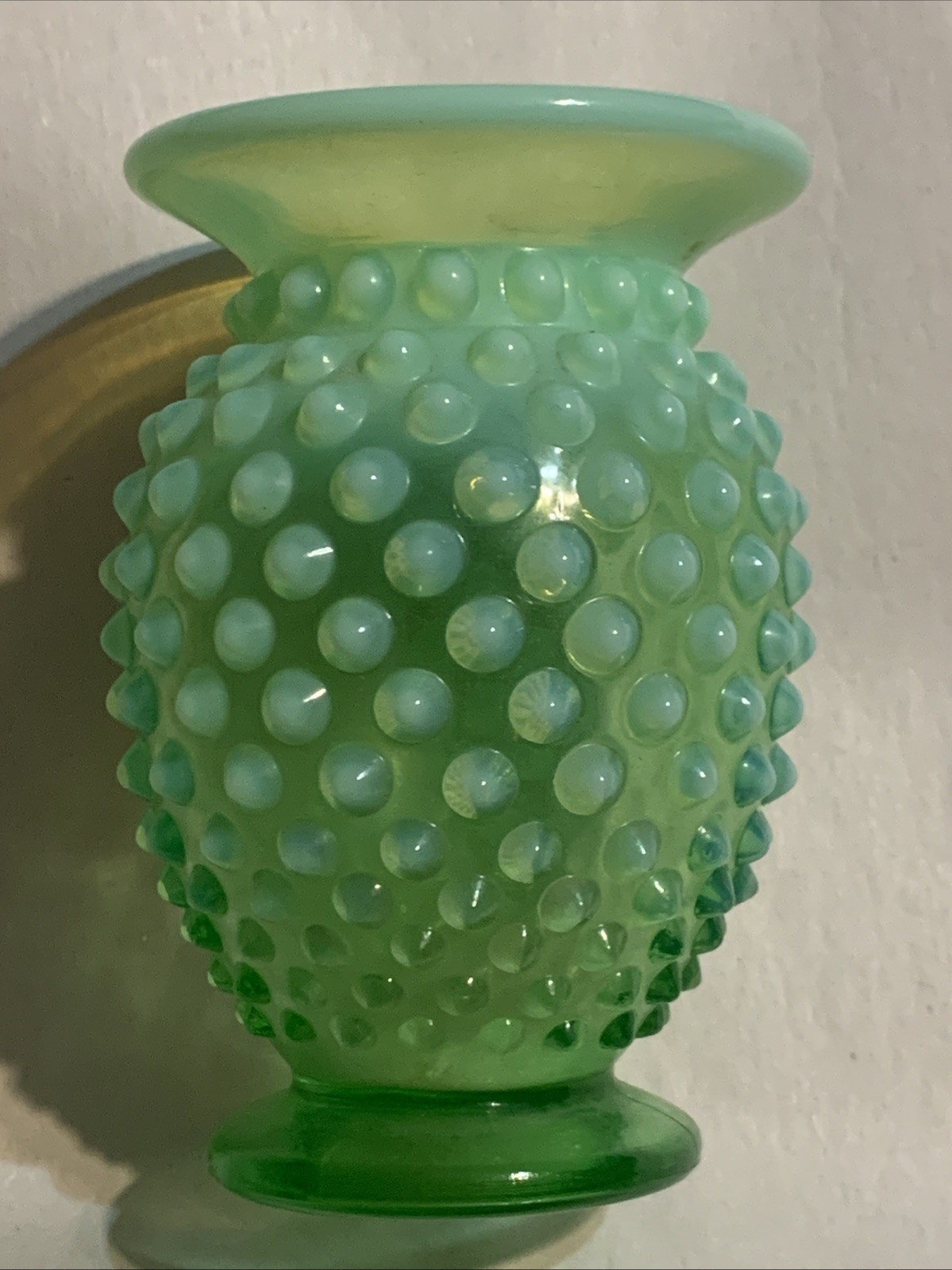 Vintage Mini Fenton Green UV Uranium Opalescent Hobnail Vase Smooth Rim 3.75”