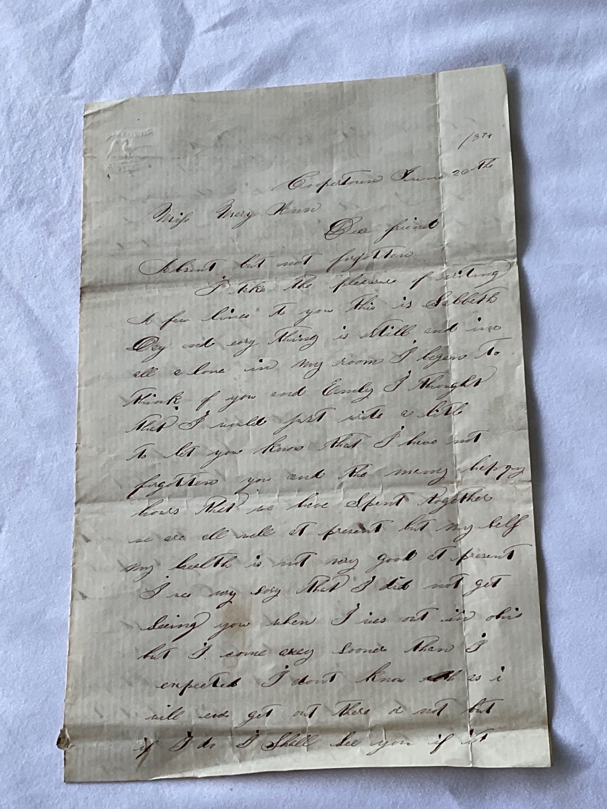 CIVIL WAR PENNSYLVANIA LETTER FROM COOPERTOWN PA VENAGO CTY SABBATH & HYMNS