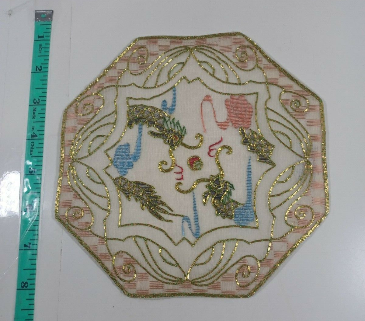 hexagon 7 inch  japaneese embroidered decorative doily gold, vintag (Book 5 #34)