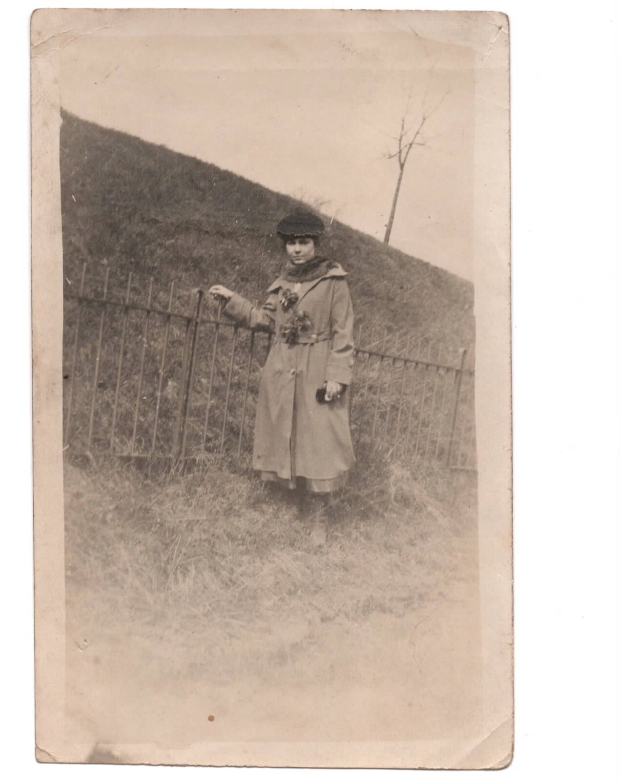 1930s Young Girl Winter Real Photo Iron Fence Cold Coat Ohio 3.5x5.5 VTG
