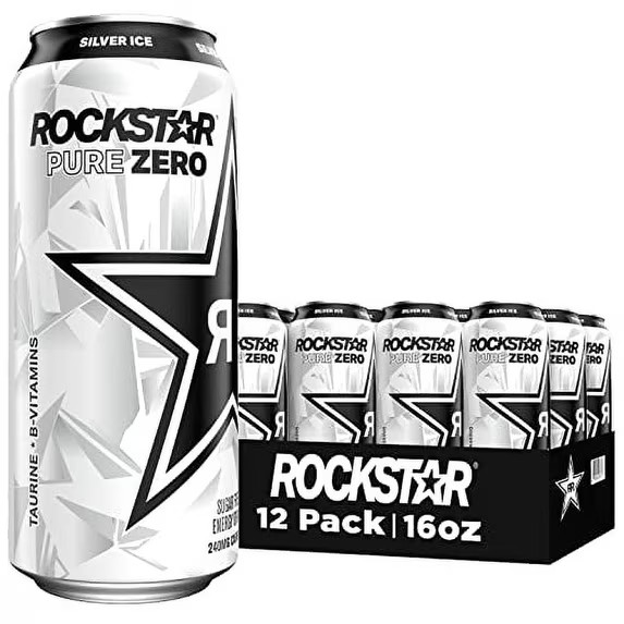 Rockstar Pure Zero Silver Ice Energy Drink Sugar Free 16oz Cans Case 12 Pack New