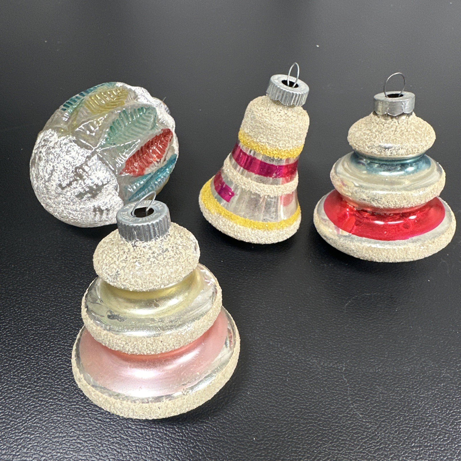 4 Vtg Shiny Brite Glass Christmas Ornaments UFO Tornado Tree Bell Mica 3” MCM