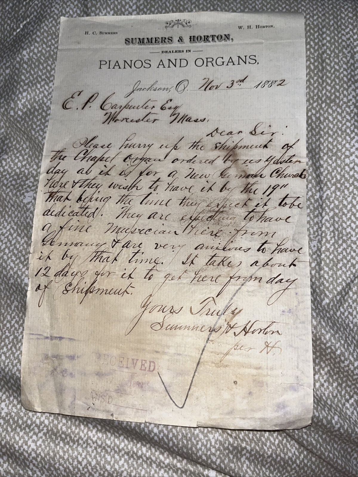 Antique 1882 Correspondence Summers & Horton Piano Organ Dealer to Worcester MA