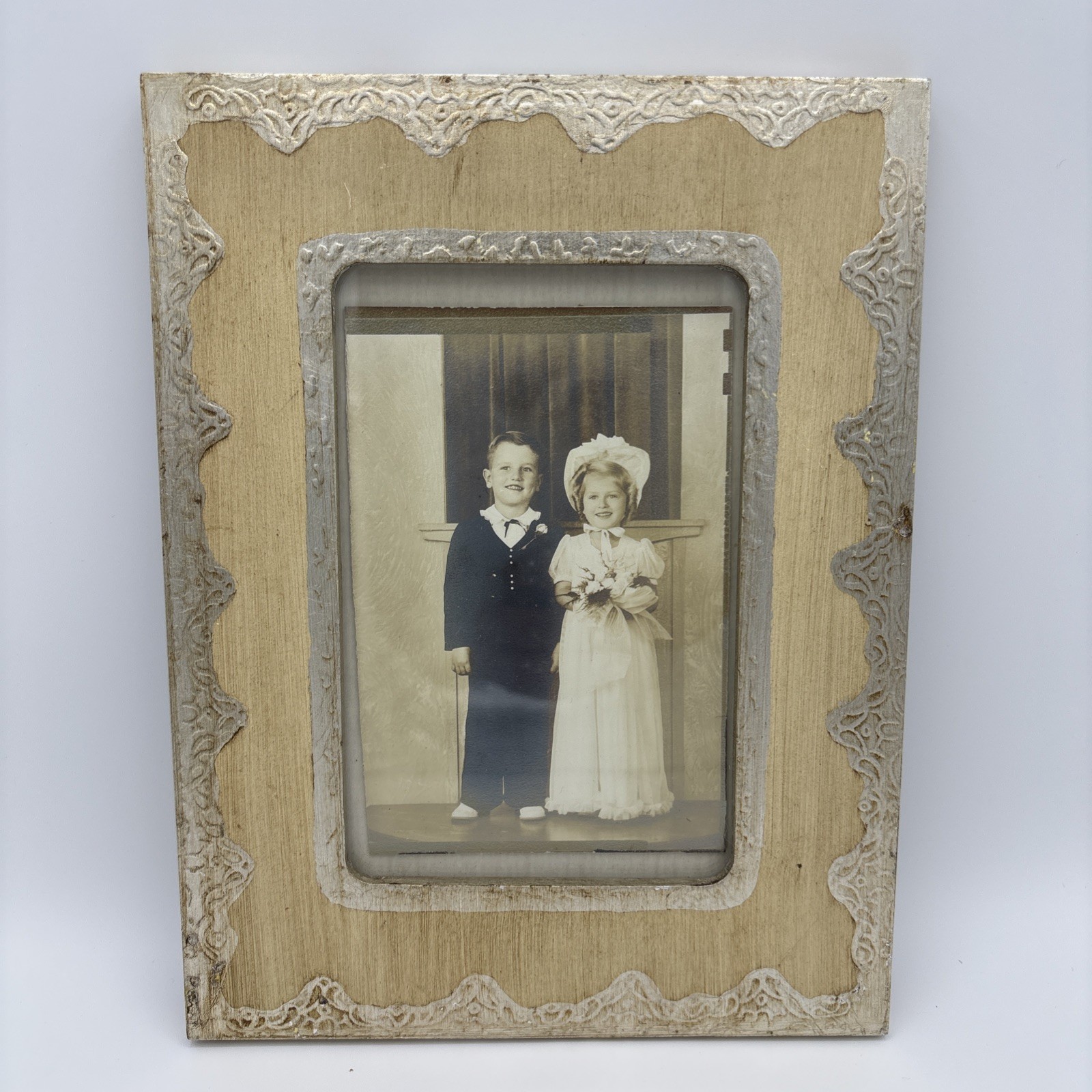 Vtg Tinted Photograph Tom Thumb Style Wedding Child Miniature Bride Groom 1950s?
