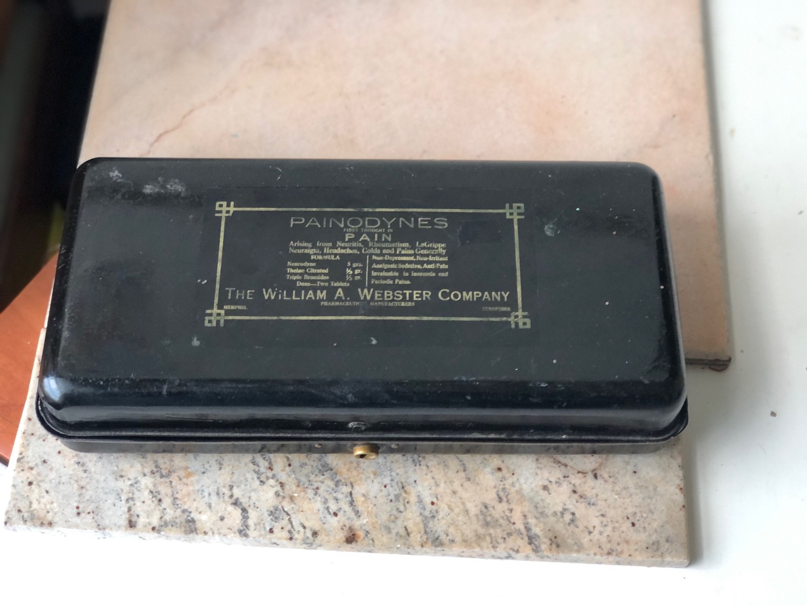 Vintage First Aid Metal Box Black & Gold Decorated Painodynes William Webster Co