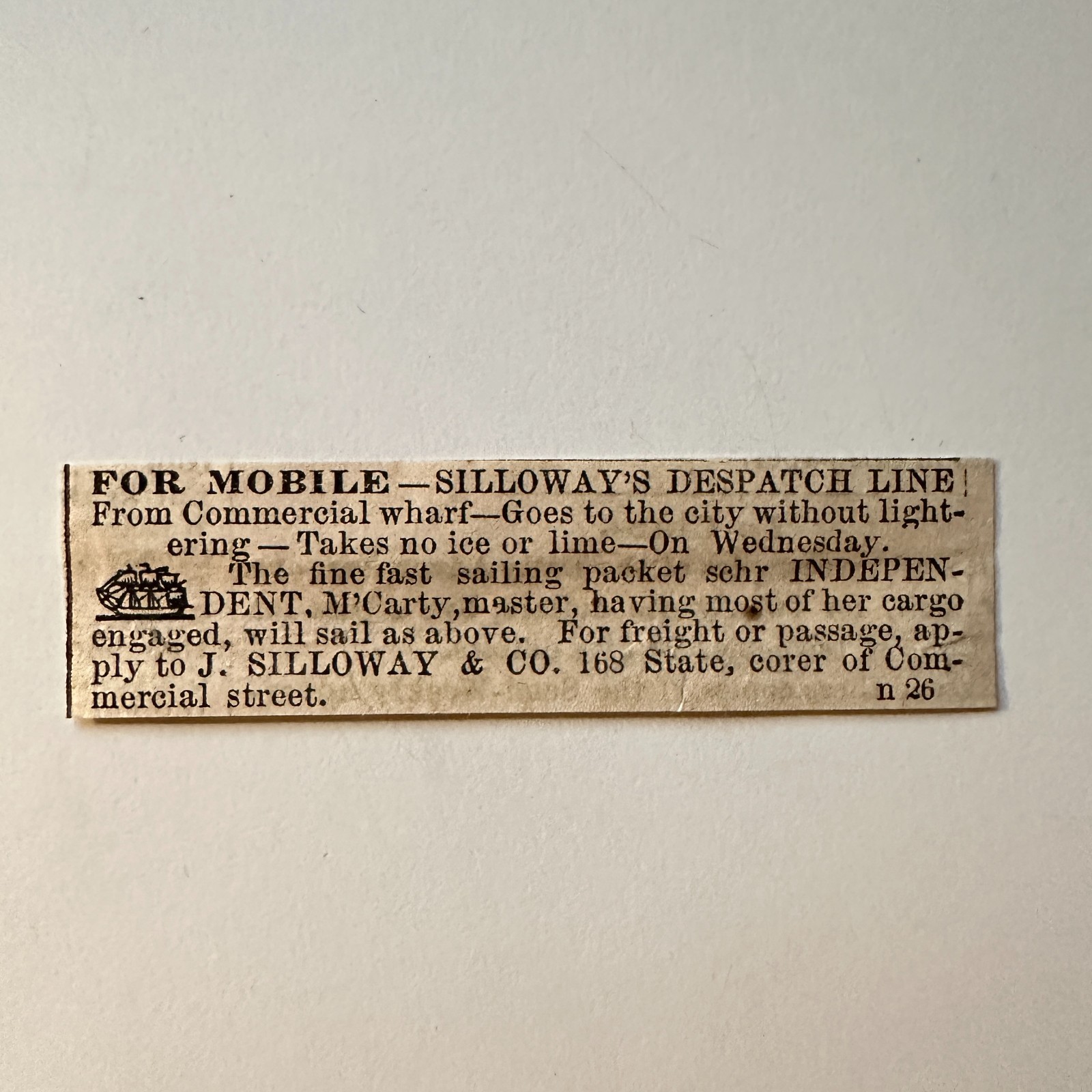 J. Silloway & Co. For Mobile From Commercial Wharf 1860 Boston Ad 5AK9-S50