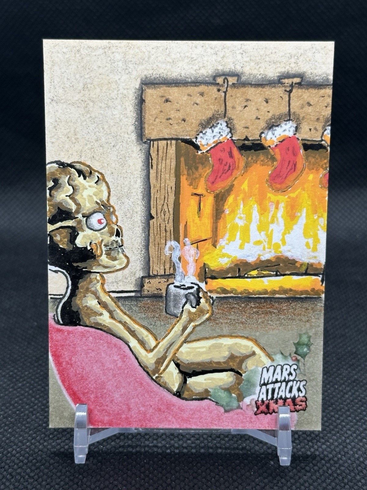 2026 Topps Mars Attacks Christmas Martian Having Cocoa Sketch 1/1 Auto By JBoom