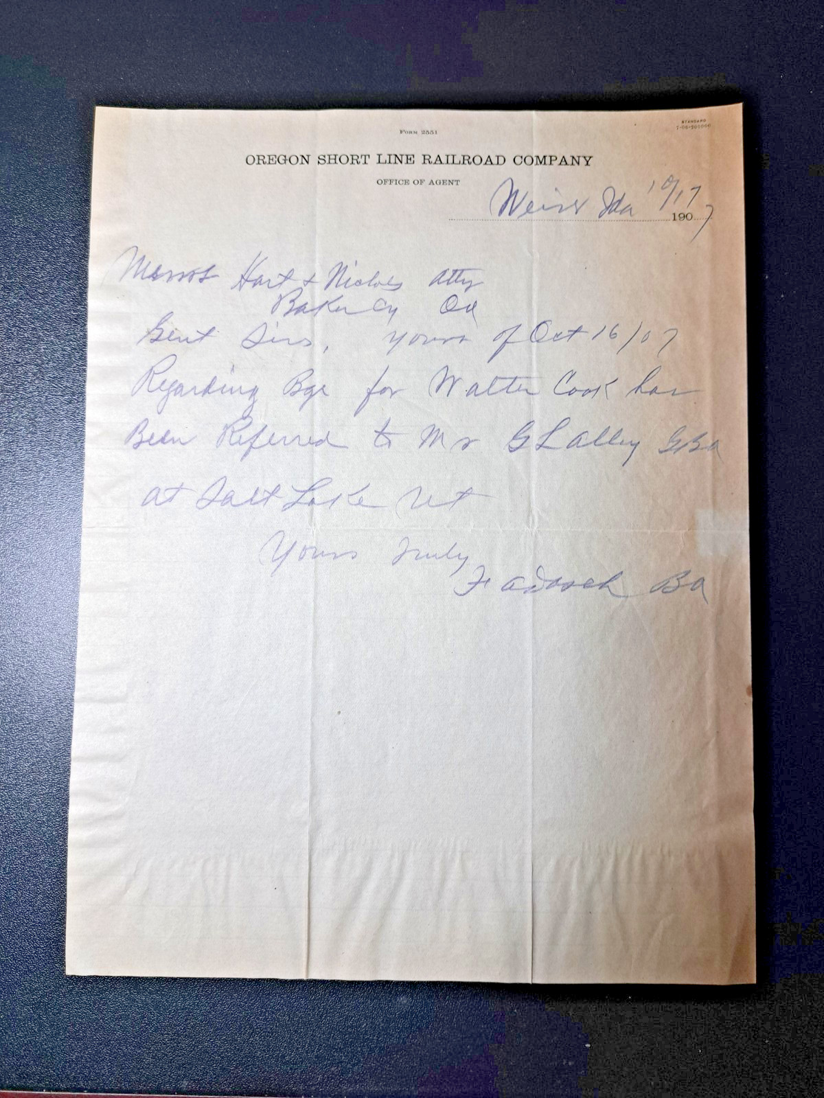 1907 Oregon Short Line Railroad Handwritten Letter Weiser Idaho Baker City Ore.