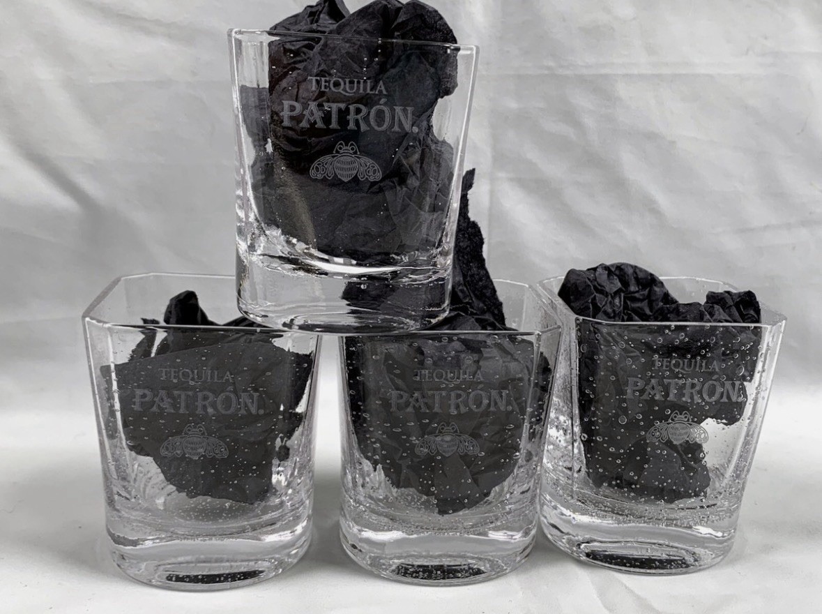 4 PACK New Patron Tequila Etched Bee Logo Bubble Square Shot Glasses 2 oz