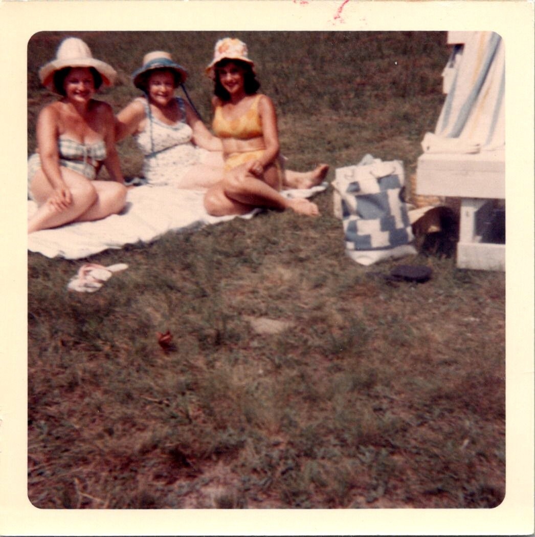 Vintage 1964 Kodachrome Photo Three Women in Hats Swimsuits Green Acres Beach