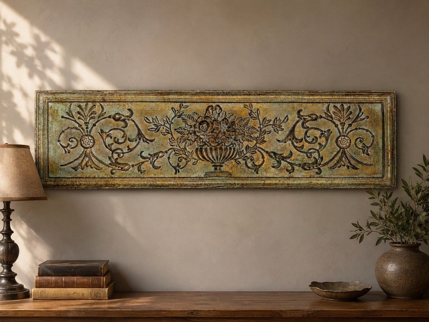 Vintage Distressed Gold Floral Urn Wall Panel Decorative Architectural Plaque
