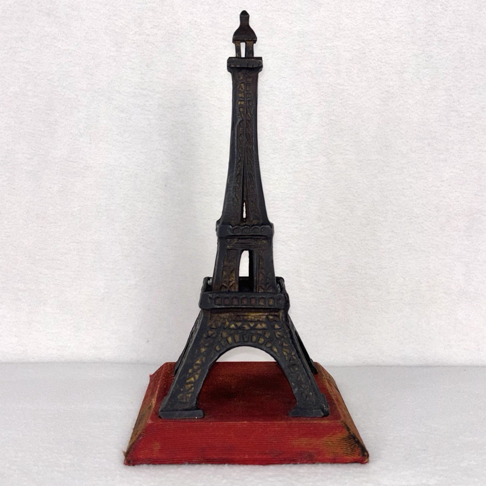VTG Anthropologie Paris Eiffel Tower Cast Metal Sculpture Red Satin Base 9.5”