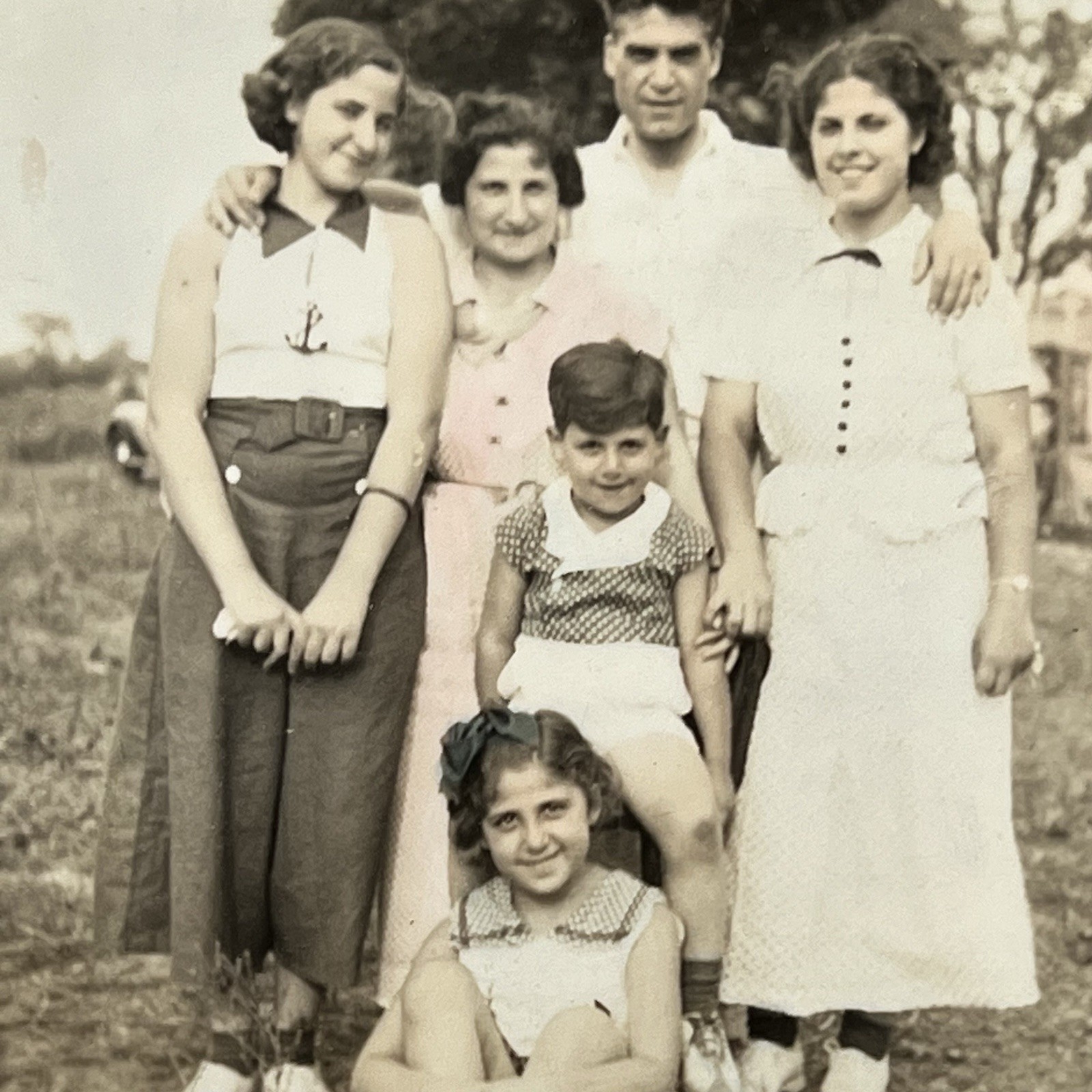 Vintage B&W Snapshot Photograph Beautiful Family Tinted Outside