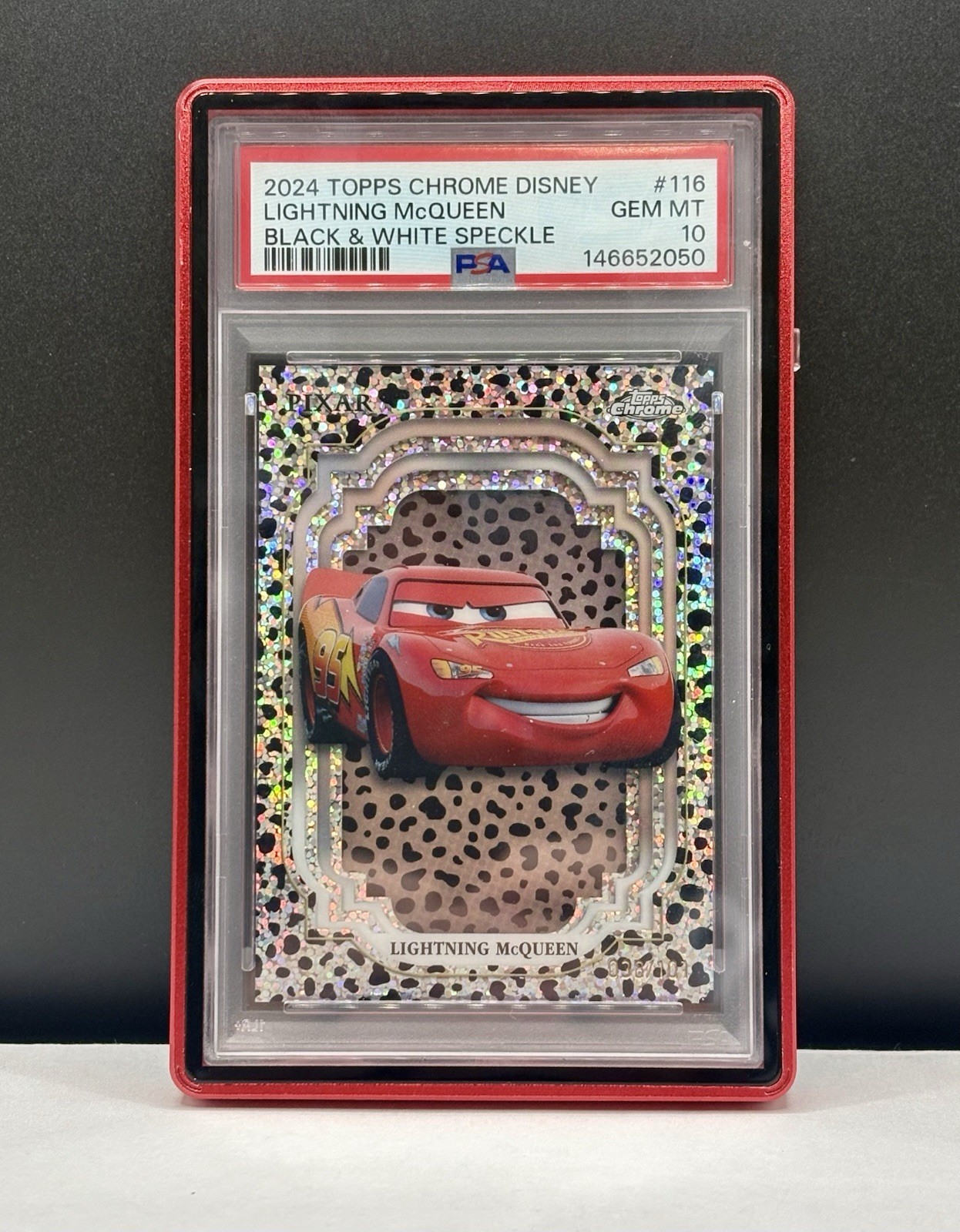 2024 Topps Chrome Disney Lightning McQueen Refractor B&W Speckle #/101 PSA 10