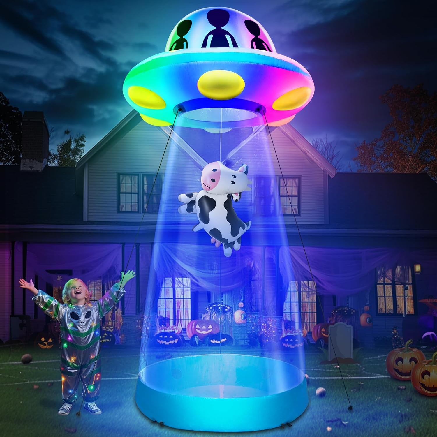 Inflatable Yard Decorations TURNMEON 10 Ft Tall Halloween UFO Cow Abduction 1