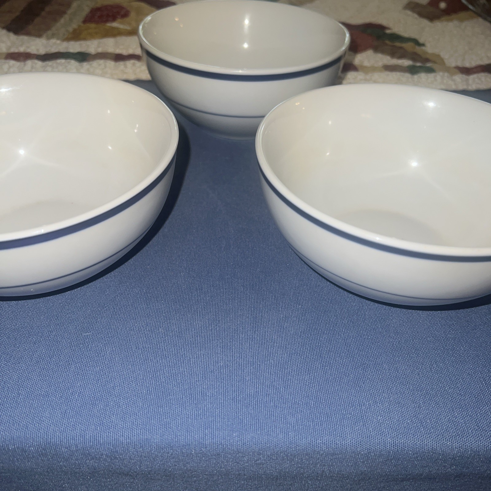 Set of 3 Oneida Maitre D\' Cereal Bowls Porcelain Blue Stripe Discontinued