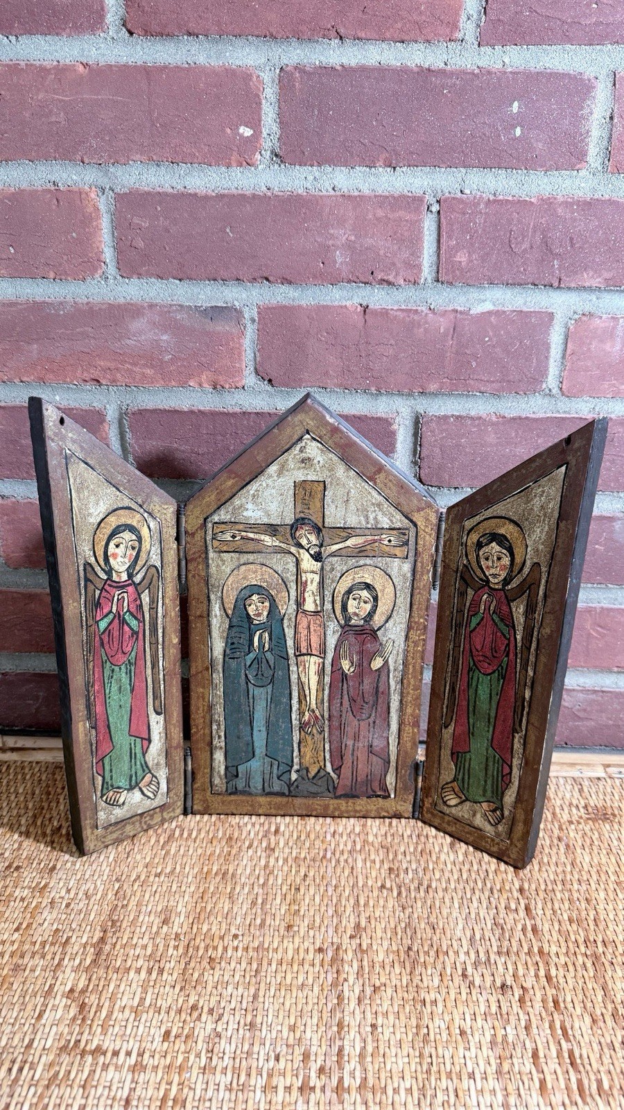 VTG Hand-painted Wooden Folding Religious Triptych Icon Primitive Folk Art