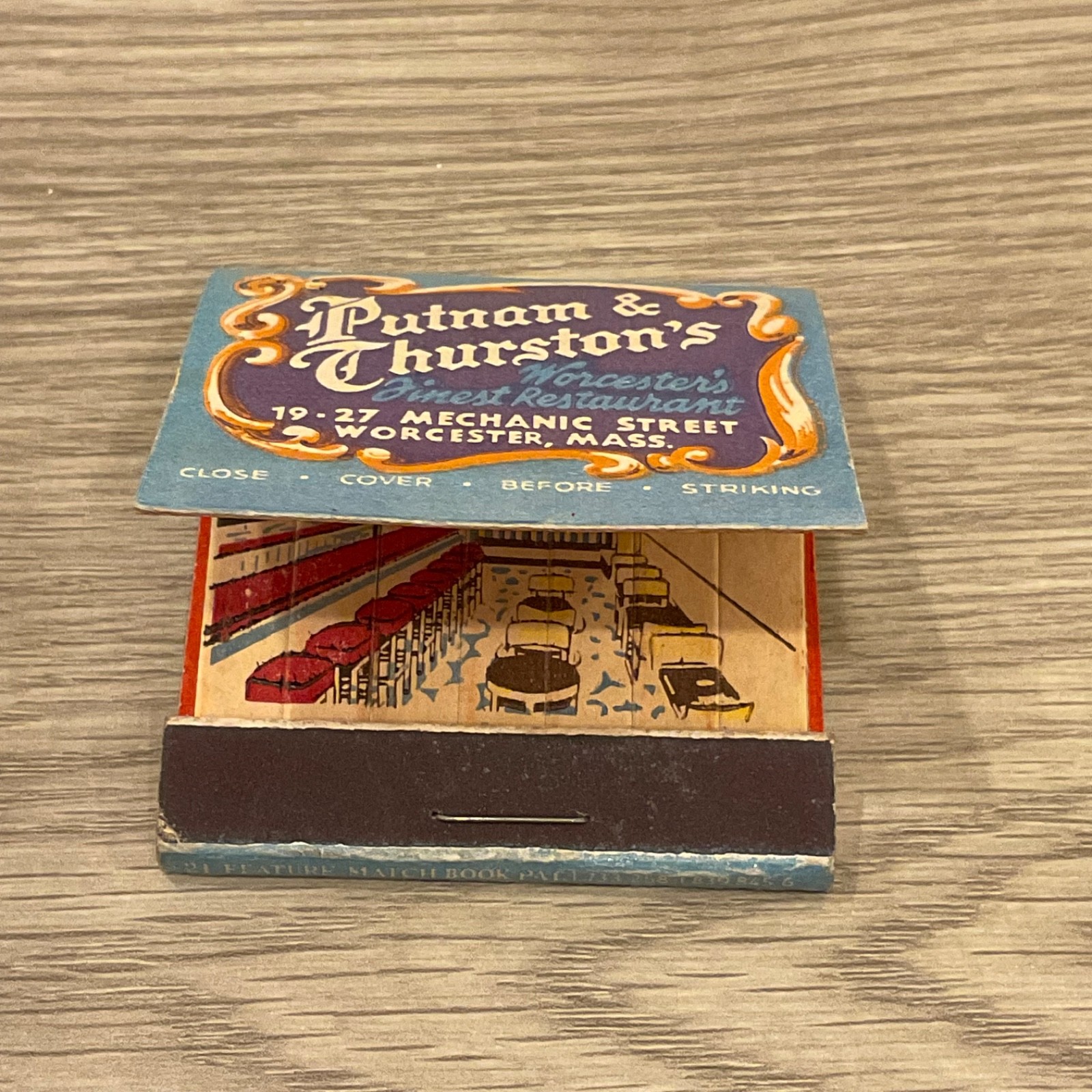 Vintage Putnam & Thurston Feature Restaurant Matchbook Full  Worcester, MA