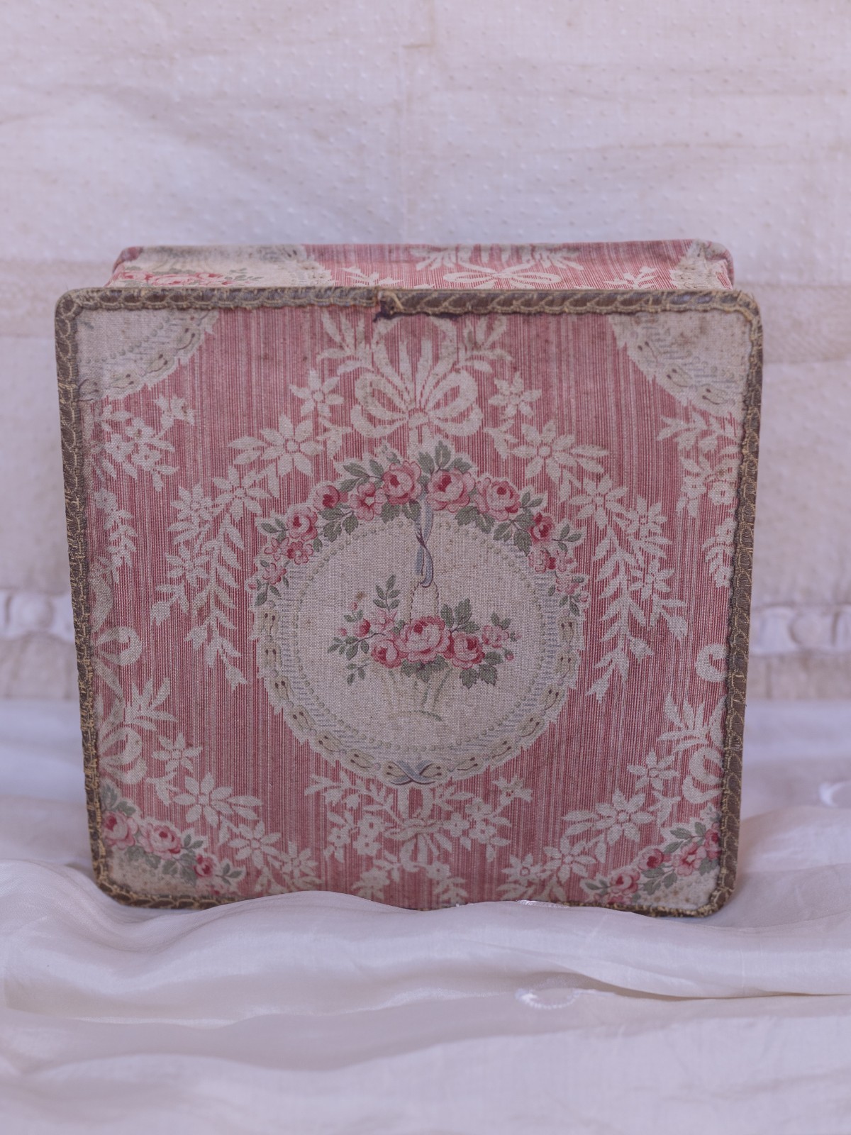 Autique French Pink Floral Fabric Covered Box Basket Silk