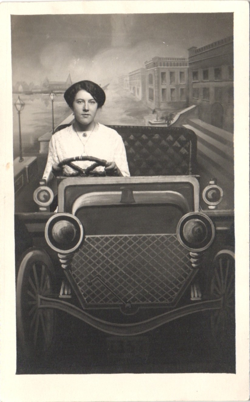 NAMED LADY RIDES SILLY PROP CAR c1900 real photo postcard rppc arcade freda ball