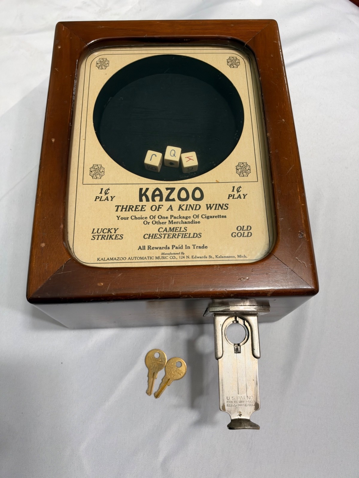Vintage 1935 Kazoo 1¢ Countertop Dice Trade Stimulator - Fully Functional w Keys