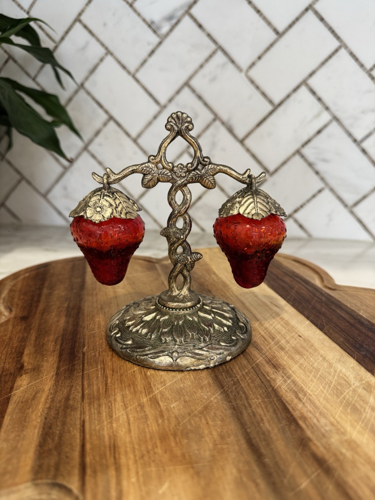 Vintage Red Glass Strawberry Condiment Cruet Set Silver Tone Stand Salt Pepper
