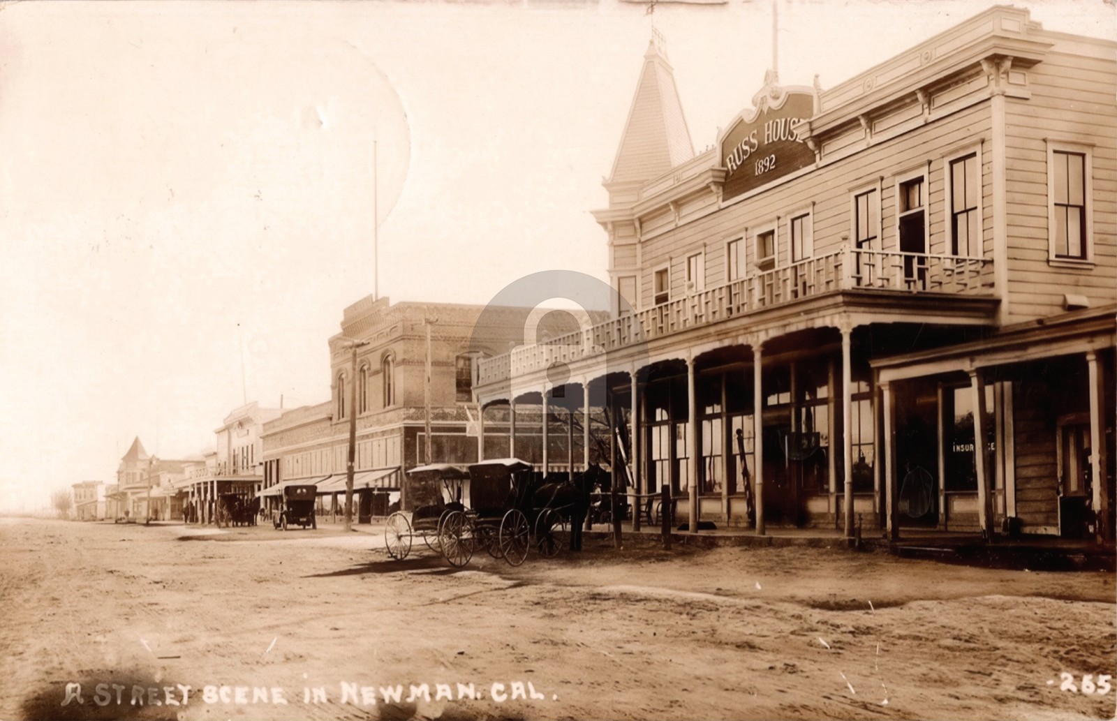 c1910 Street Scene Newman CA RUSS HOUSE Cars Stanislaus Co RPPC Postcard COPY