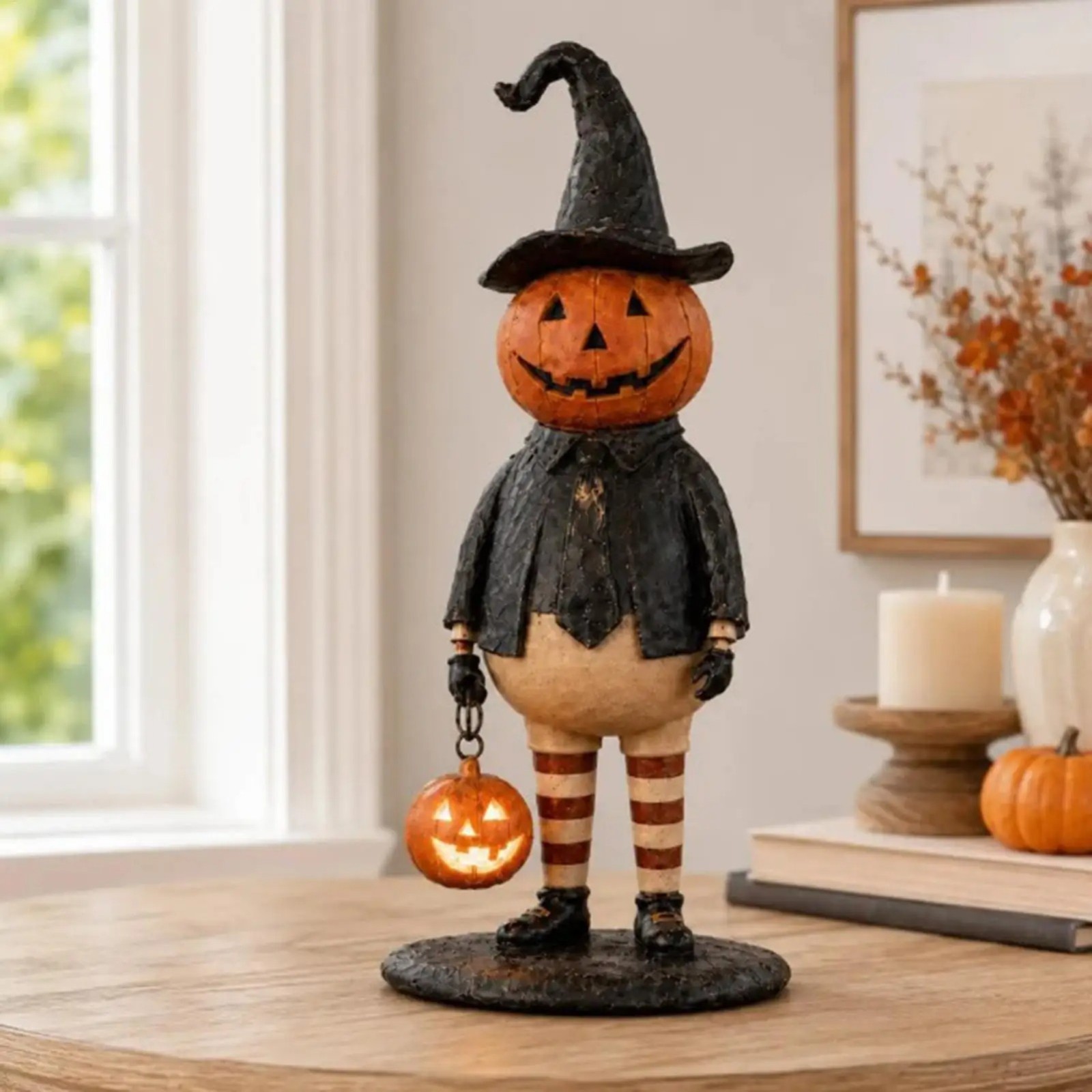 Vintage Halloween Pumpkin Lantern Witch Gentleman Lighted Tabletop Decor