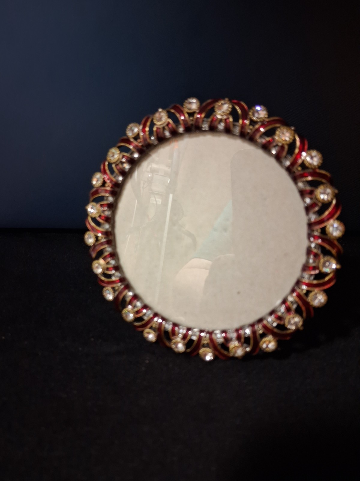 Vintage red enamel rim frame accented with sparkling crystal rhinestones