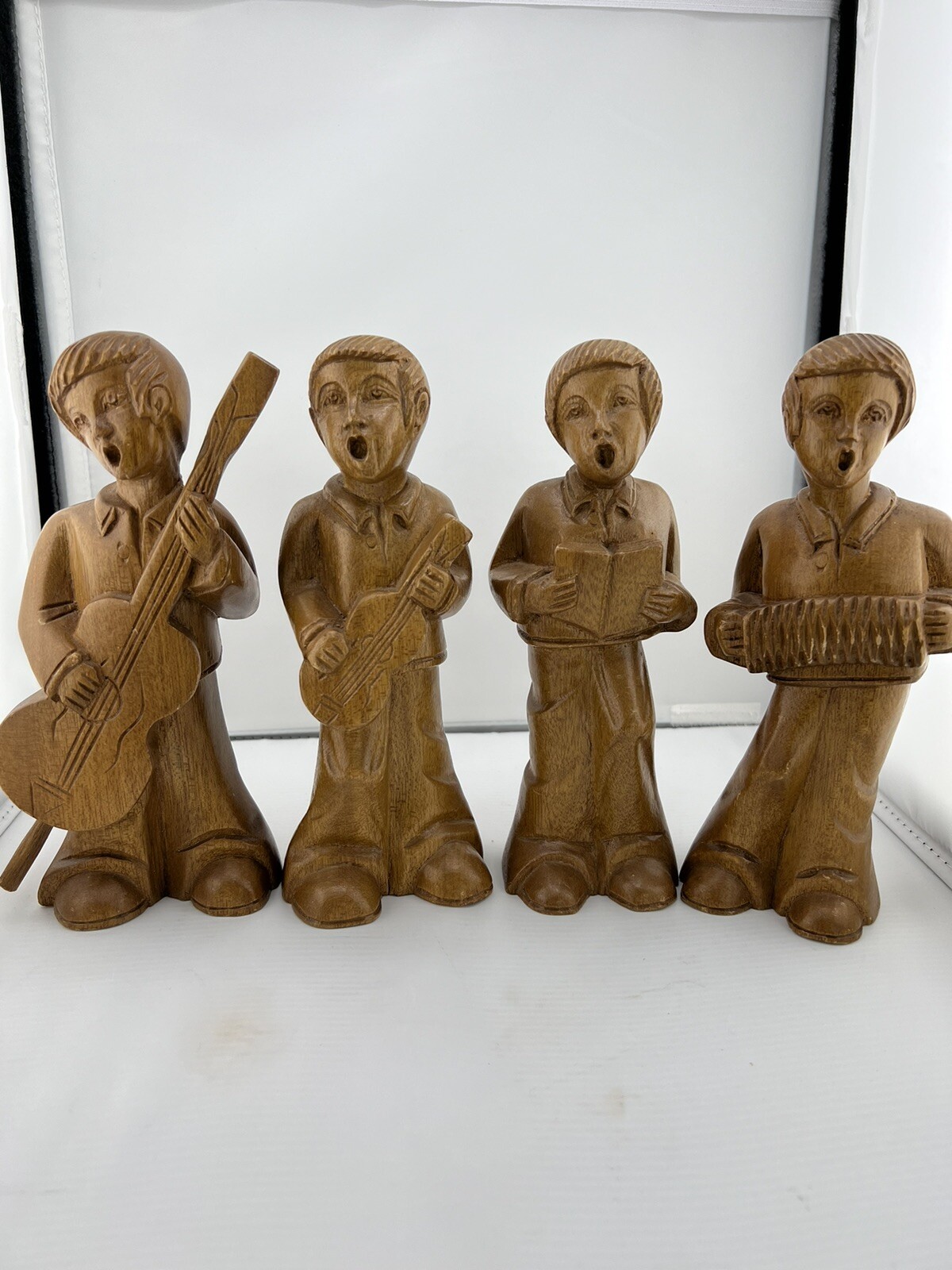 Vintage 8”WOOD CARVED  4 MUSICIAN BOYS STATUE FIGURES