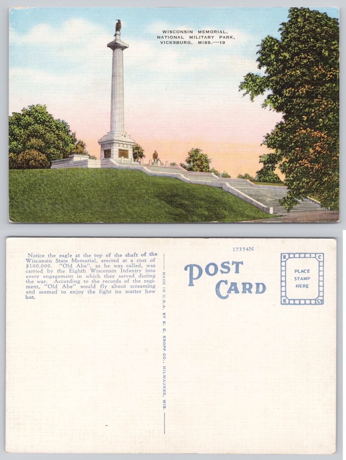Vintage Linen Postcard Wisconsin Memorial Vicksburg MS Old Abe Eagle Civil War
