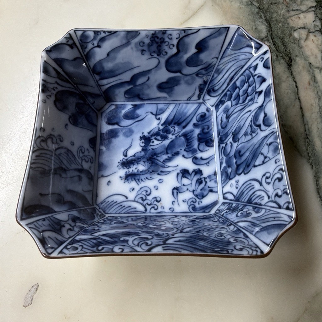 Blue & White Hand Painted Porcelain Dragon Square Bowl/Dish Chinese Mark