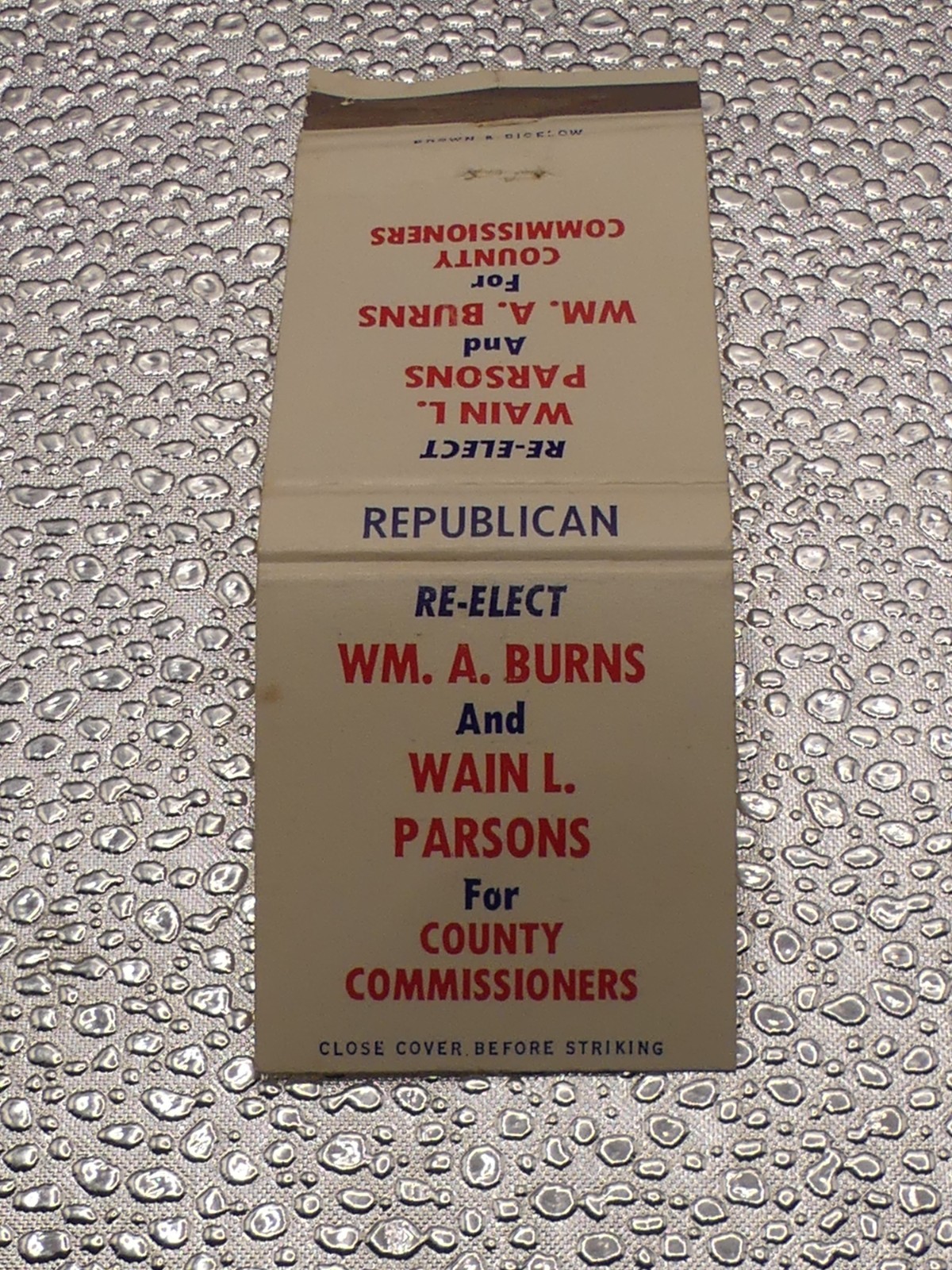 VTG Re-elect WM. A. Burns & Wain L. Parsons County Commissioners Matchbook Cover
